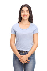 Fototapeta premium Beautiful young woman in a plain blue shirt