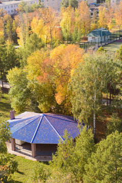 Cafe with a blue roof in the park