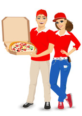 pizza delivery guy and girl in red uniform