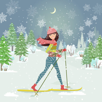 Happy Girl On Cross Country Skiing In Winter Forest