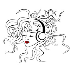Vector girl listening music with headphones with curly hair and closed eyes
