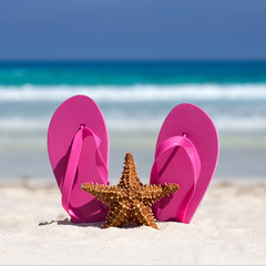 Fototapeta na wymiar Pink flip flops and starfish on white sandy beach