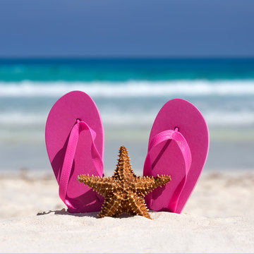 Pink flip flops and starfish on white sandy beach