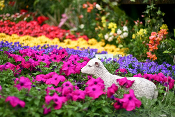 Flowers with sheep statue