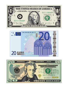 A detailed vector drawing of a 20 euros banknote and 2 us bills
