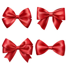 Set Collection of Festive Red Satin Bows Isolated on White Backg