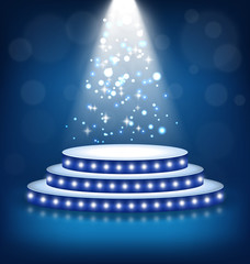 Illuminated Festive Stage Podium with Lamps on Blue Background