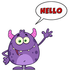 Cute Monster Cartoon Character Waving With Speech Bubble 