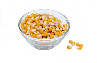 Maize grains dried on bowl on white background