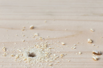 Hole with sawdust in wooden plank