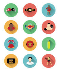 Modern flat boxing icons set with long shadow effect