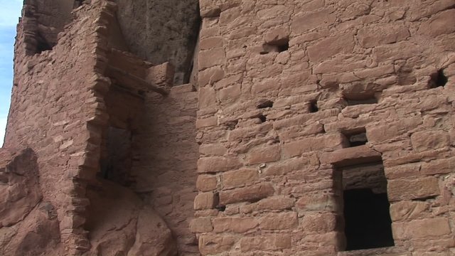 Pan-up of the Native American cliff dwellings at Mesa Verde National Park in Colorado.