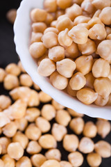 Chickpeas on wooden board