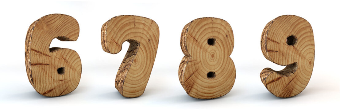 Numbers wood - texture tree - font 3d render - 6,7,8,9 - Paths save
