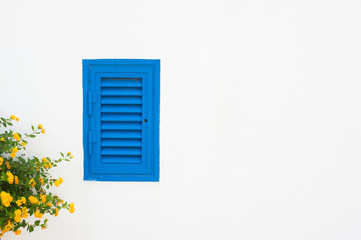Blue shutter window and yellow flowers on white wall