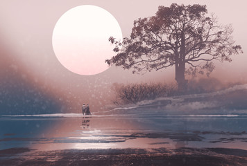 Fototapeta premium love couple in winter landscape with huge moon above,illustration painting