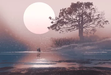 Photo sur Plexiglas Grand échec couple d& 39 amoureux dans un paysage d& 39 hiver avec une énorme lune au-dessus, peinture d& 39 illustration