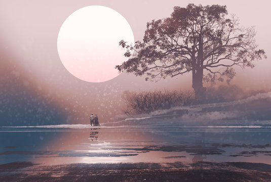 love couple in winter landscape with huge moon above,illustration painting