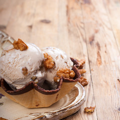 Fresh nut ice cream in waffle cup