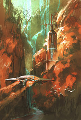 spaceship on background of lighthouse and red canyon,illustration painting