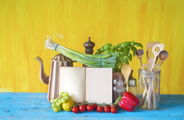 cookbook, vegetables, old kitchen utensils, free copy space