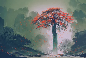 Gartenposter einsamer roter Herbstbaum mit fallenden Blättern im Winterwald, Landschaftsmalerei © grandfailure