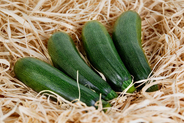 Freshly picked Green zucchin on straw. background, texture - obrazy, fototapety, plakaty