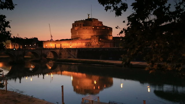 Pan Shot Castle Sant'Angelo Reflection on the Tiber River at Rome Lazio Italy
