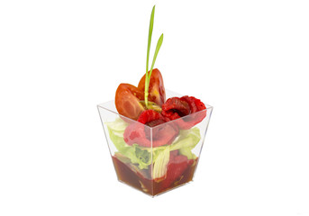 mini canape with meat and vegetables on a white background seafood