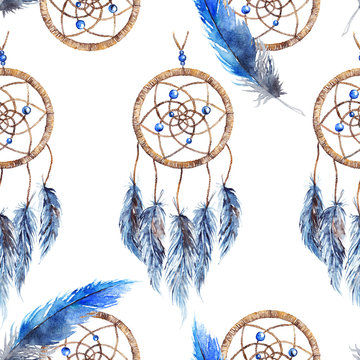 Watercolor ethnic tribal hand made feather dream catcher seamless pattern texture background