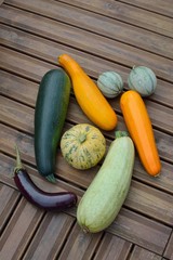 Ensemble de cucurbitacees sur le plancher d'une terrasse en planche de bois