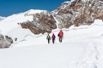 Fototapeta na wymiar Group of climbers walking on a glacier.