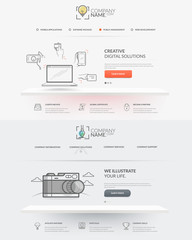 Web site design template navigation elements: Set of two front pages of website with personal company concept logo and icons