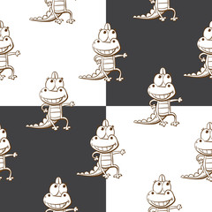 Vector seamless pattern with cartoon dragons on a checkered background.