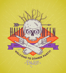 Halloween poster with zombie head and hand - line art vector illustration