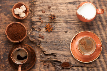 Top view espresso coffee with sugar and milk