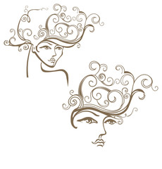 Beautiful face. Two girl with curly hair.