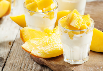 Homemade yogurt with fresh mango slices, selective focus