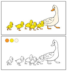 Coloring book. Mother duck and ducklings.