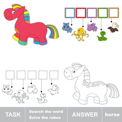 Pink rainbow horse toy. Task and answer. 