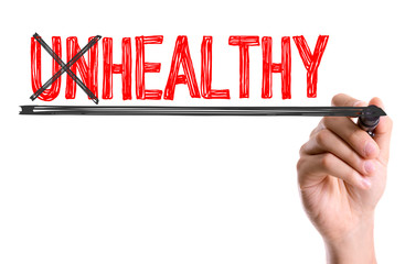 Hand with marker writing: Unhealthy/Healthy