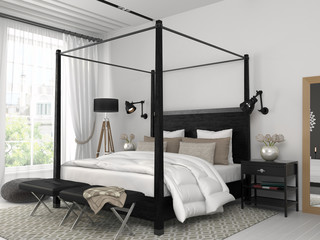 White bedroom with black bed