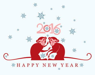 New year Card. 2016. Two red monkey under the snow.
