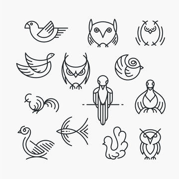 Set of linear design birds, isolated line birds' symbols.
