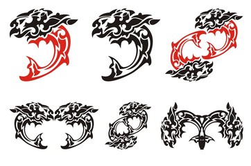 Tribal fish symbols. Jump of fish and double fish symbols isolated on the white