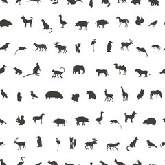 Seamless pattern with Black Animals and Birds Silhouettes