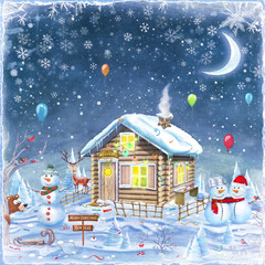 Winter holidays landscape with Snowman  ,house and forest. Merry