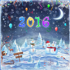 Winter holidays landscape with Snowmen in forest. Merry Christmas and Happy new year background 