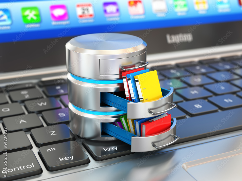 Poster Database storage concept. Hard disk icon with folders on laptop