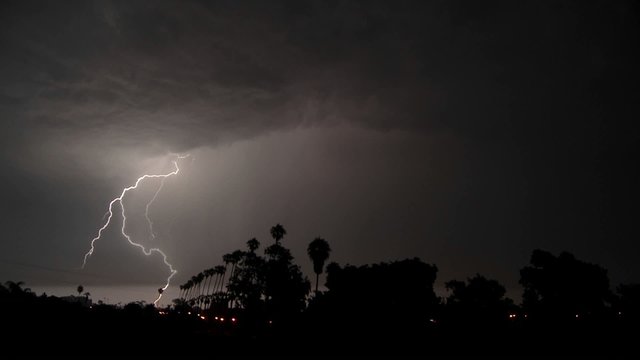 Lightning strikes during a thunderstorm.